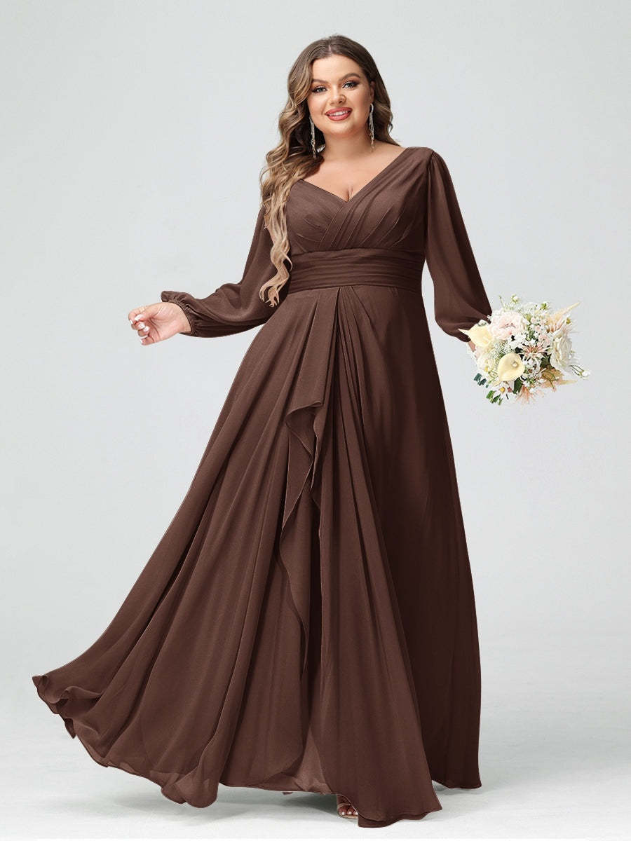 Plus Size Chiffon Bridesmaid Dress with V-Neck, Long Sleeves, and Pockets in A-Line/Princess Style