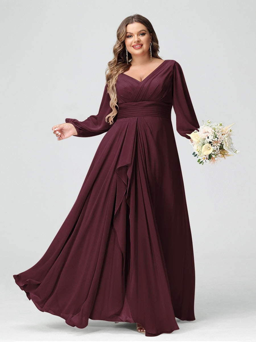 Plus Size Chiffon Bridesmaid Dress with V-Neck, Long Sleeves, and Pockets in A-Line/Princess Style