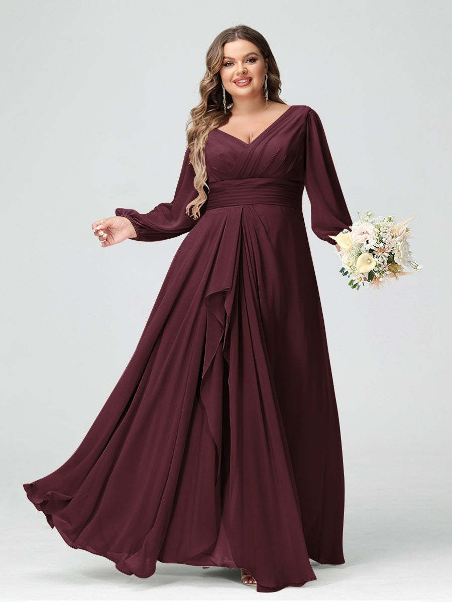 Plus Size Chiffon Bridesmaid Dress with V-Neck, Long Sleeves, and Pockets in A-Line/Princess Style