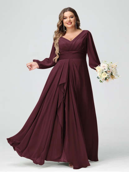 Plus Size Chiffon Bridesmaid Dress with V-Neck, Long Sleeves, and Pockets in A-Line/Princess Style