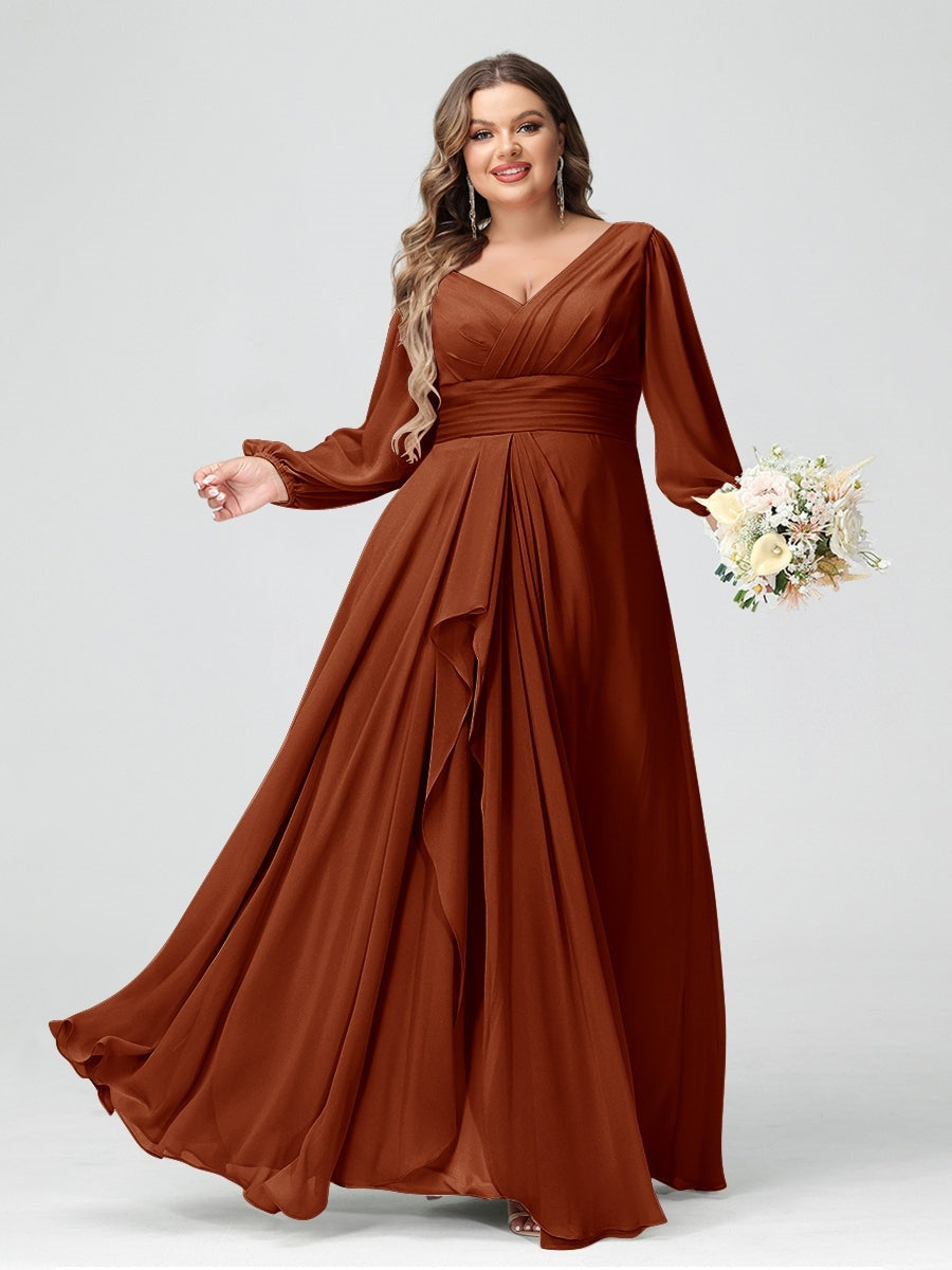 Plus Size Chiffon Bridesmaid Dress with V-Neck, Long Sleeves, and Pockets in A-Line/Princess Style