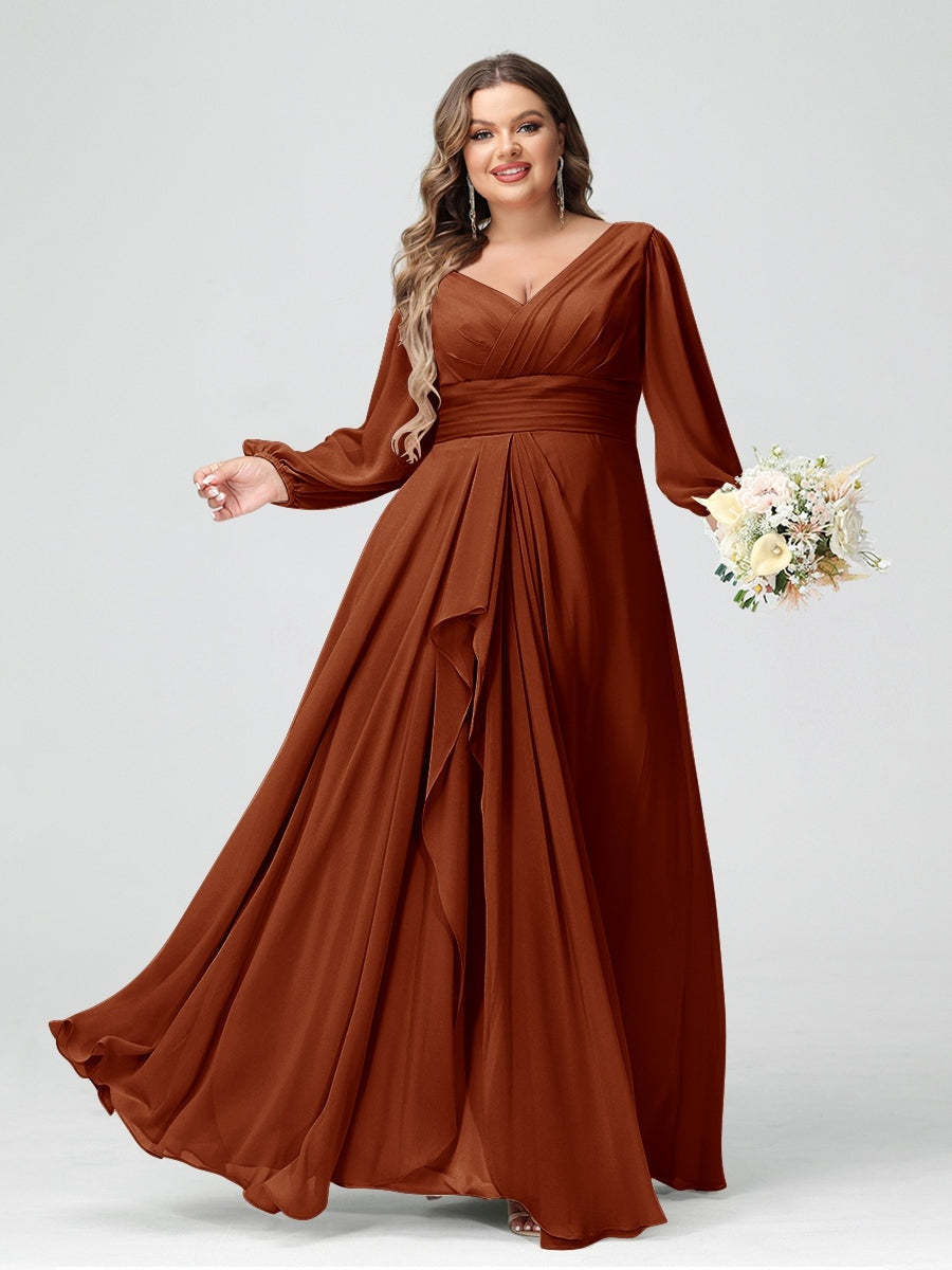 Plus Size Chiffon Bridesmaid Dress with V-Neck, Long Sleeves, and Pockets in A-Line/Princess Style