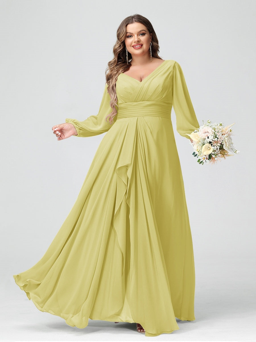 Plus Size Chiffon Bridesmaid Dress with V-Neck, Long Sleeves, and Pockets in A-Line/Princess Style