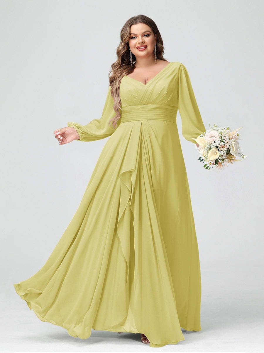 Plus Size Chiffon Bridesmaid Dress with V-Neck, Long Sleeves, and Pockets in A-Line/Princess Style