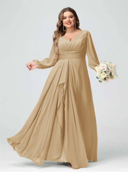 Plus Size Chiffon Bridesmaid Dress with V-Neck, Long Sleeves, and Pockets in A-Line/Princess Style
