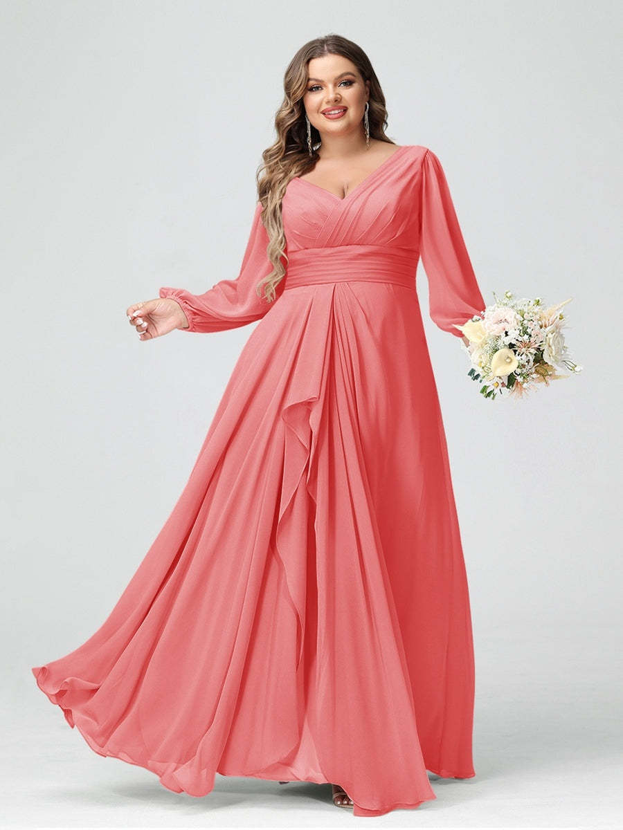 Plus Size Chiffon Bridesmaid Dress with V-Neck, Long Sleeves, and Pockets in A-Line/Princess Style