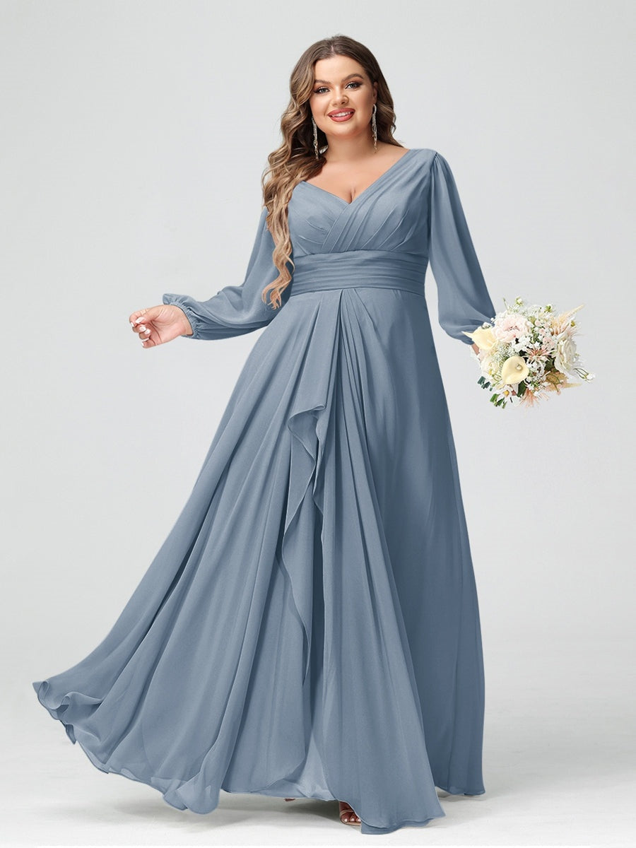 Plus Size Chiffon Bridesmaid Dress with V-Neck, Long Sleeves, and Pockets in A-Line/Princess Style