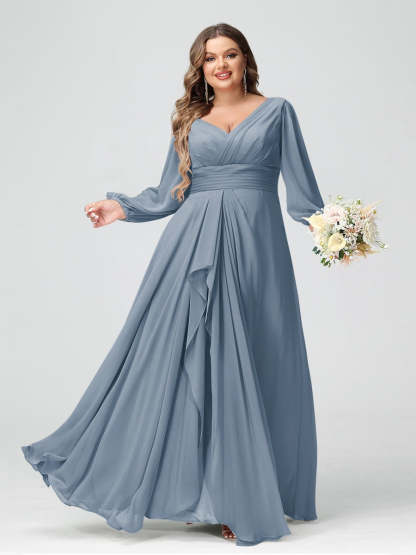 Plus Size Chiffon Bridesmaid Dress with V-Neck, Long Sleeves, and Pockets in A-Line/Princess Style