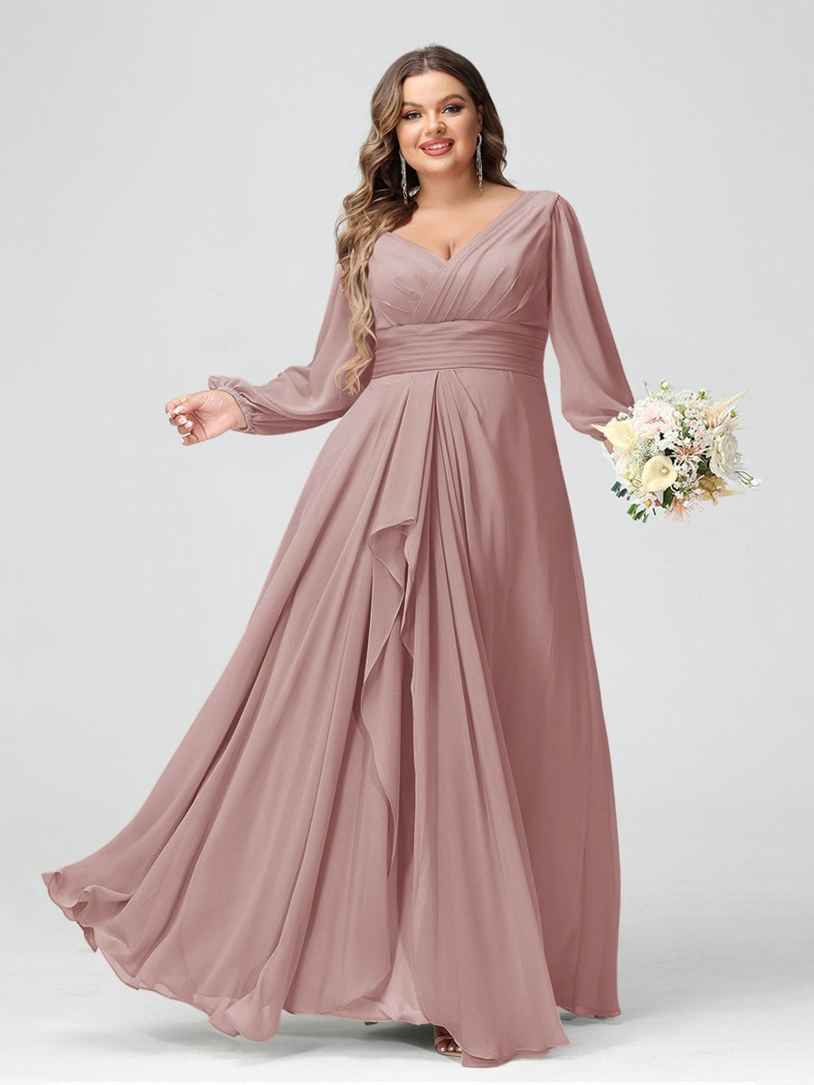 Plus Size Chiffon Bridesmaid Dress with V-Neck, Long Sleeves, and Pockets in A-Line/Princess Style