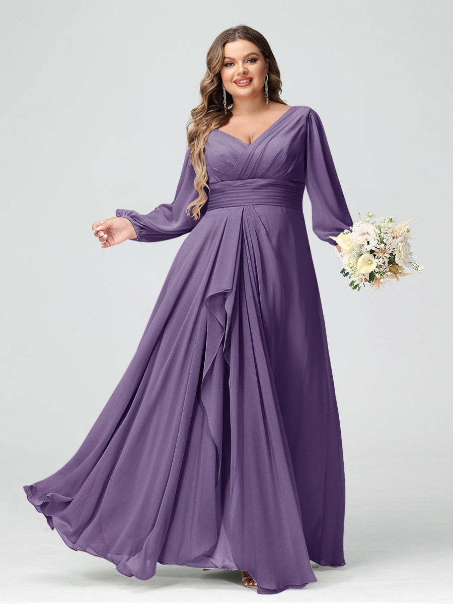 Plus Size Chiffon Bridesmaid Dress with V-Neck, Long Sleeves, and Pockets in A-Line/Princess Style