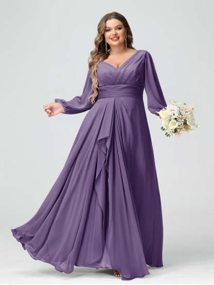 Plus Size Chiffon Bridesmaid Dress with V-Neck, Long Sleeves, and Pockets in A-Line/Princess Style