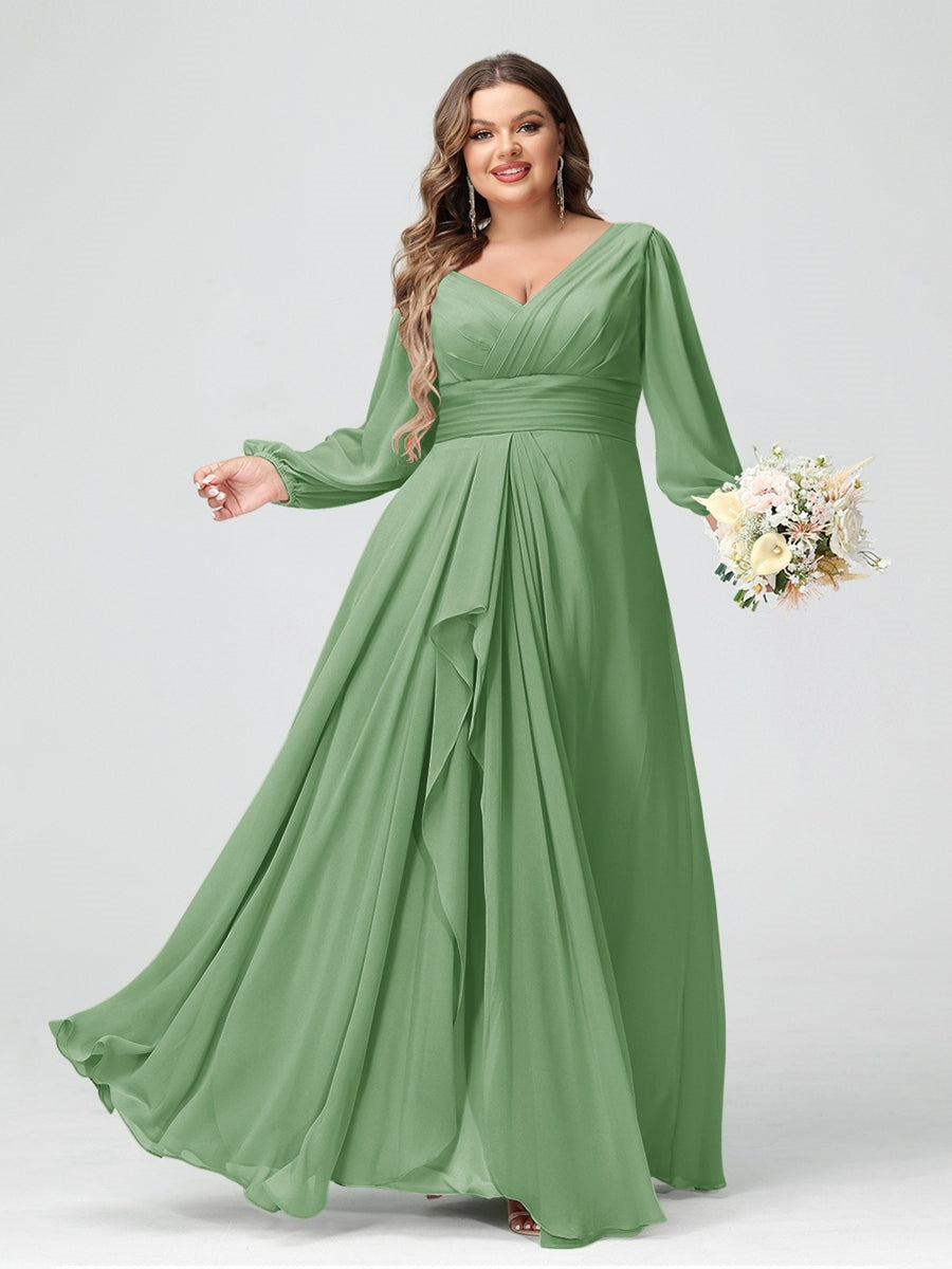 Plus Size Chiffon Bridesmaid Dress with V-Neck, Long Sleeves, and Pockets in A-Line/Princess Style