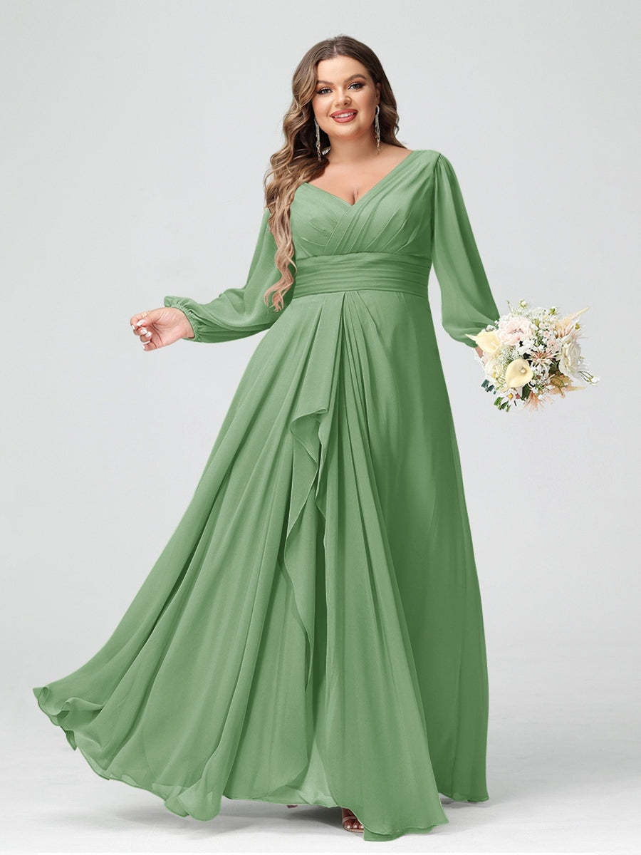 Plus Size Chiffon Bridesmaid Dress with V-Neck, Long Sleeves, and Pockets in A-Line/Princess Style