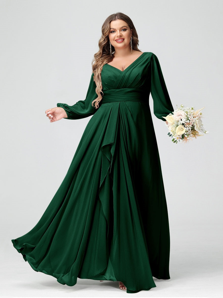 Plus Size Chiffon Bridesmaid Dress with V-Neck, Long Sleeves, and Pockets in A-Line/Princess Style