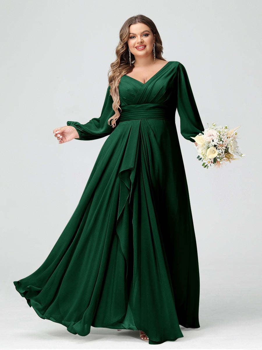 Plus Size Chiffon Bridesmaid Dress with V-Neck, Long Sleeves, and Pockets in A-Line/Princess Style