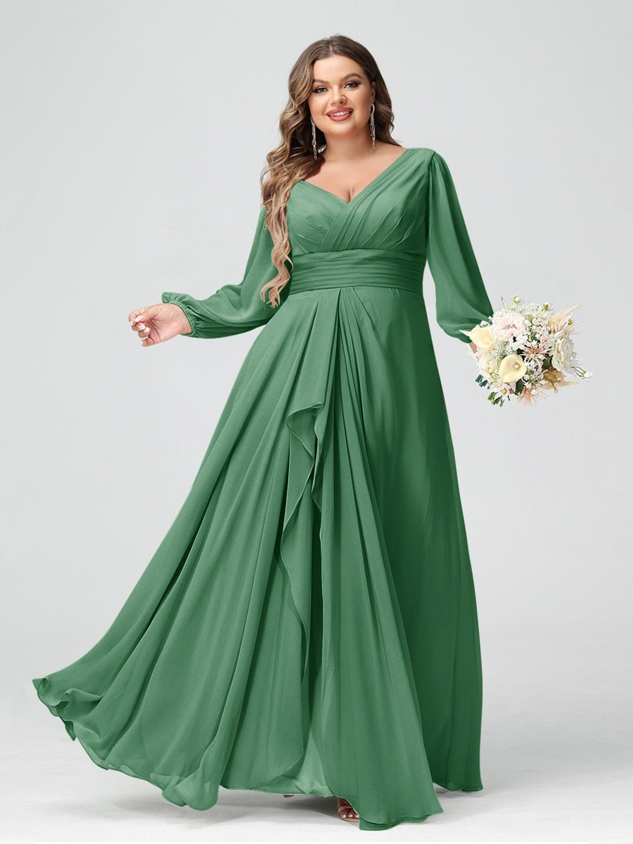 Plus Size Chiffon Bridesmaid Dress with V-Neck, Long Sleeves, and Pockets in A-Line/Princess Style