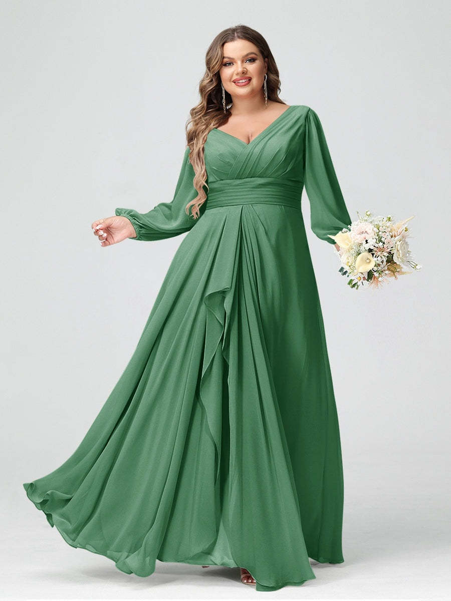 Plus Size Chiffon Bridesmaid Dress with V-Neck, Long Sleeves, and Pockets in A-Line/Princess Style