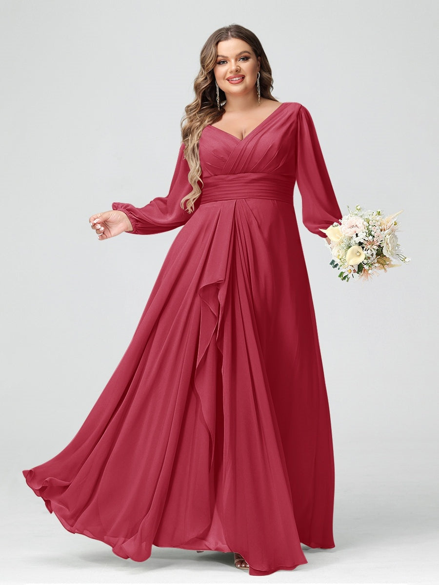 Plus Size Chiffon Bridesmaid Dress with V-Neck, Long Sleeves, and Pockets in A-Line/Princess Style