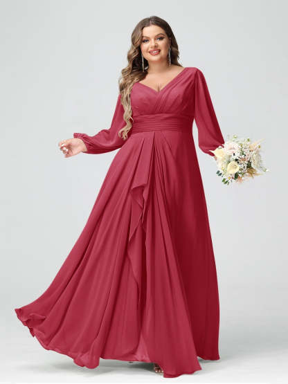 Plus Size Chiffon Bridesmaid Dress with V-Neck, Long Sleeves, and Pockets in A-Line/Princess Style