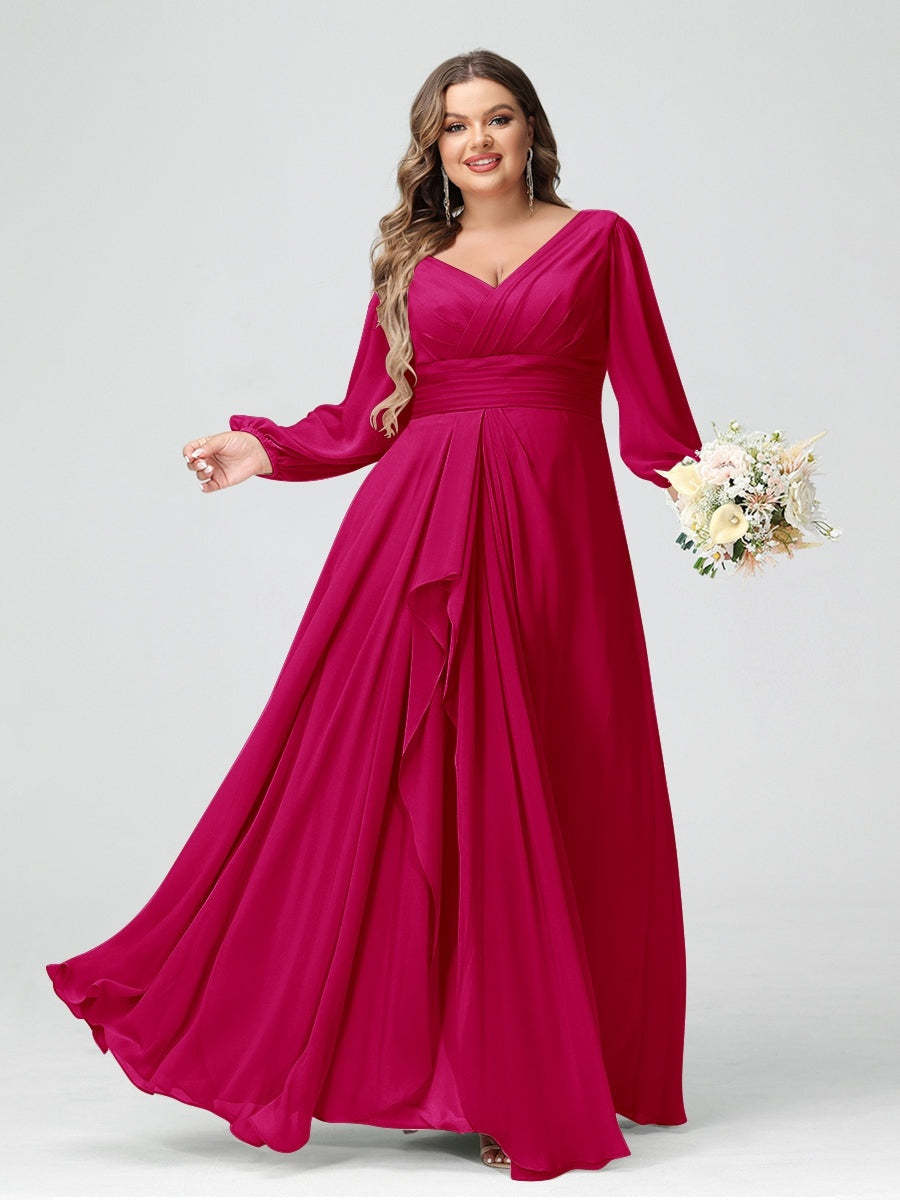 Plus Size Chiffon Bridesmaid Dress with V-Neck, Long Sleeves, and Pockets in A-Line/Princess Style