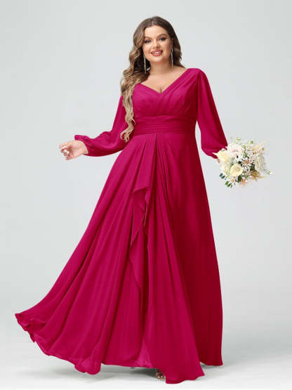Plus Size Chiffon Bridesmaid Dress with V-Neck, Long Sleeves, and Pockets in A-Line/Princess Style