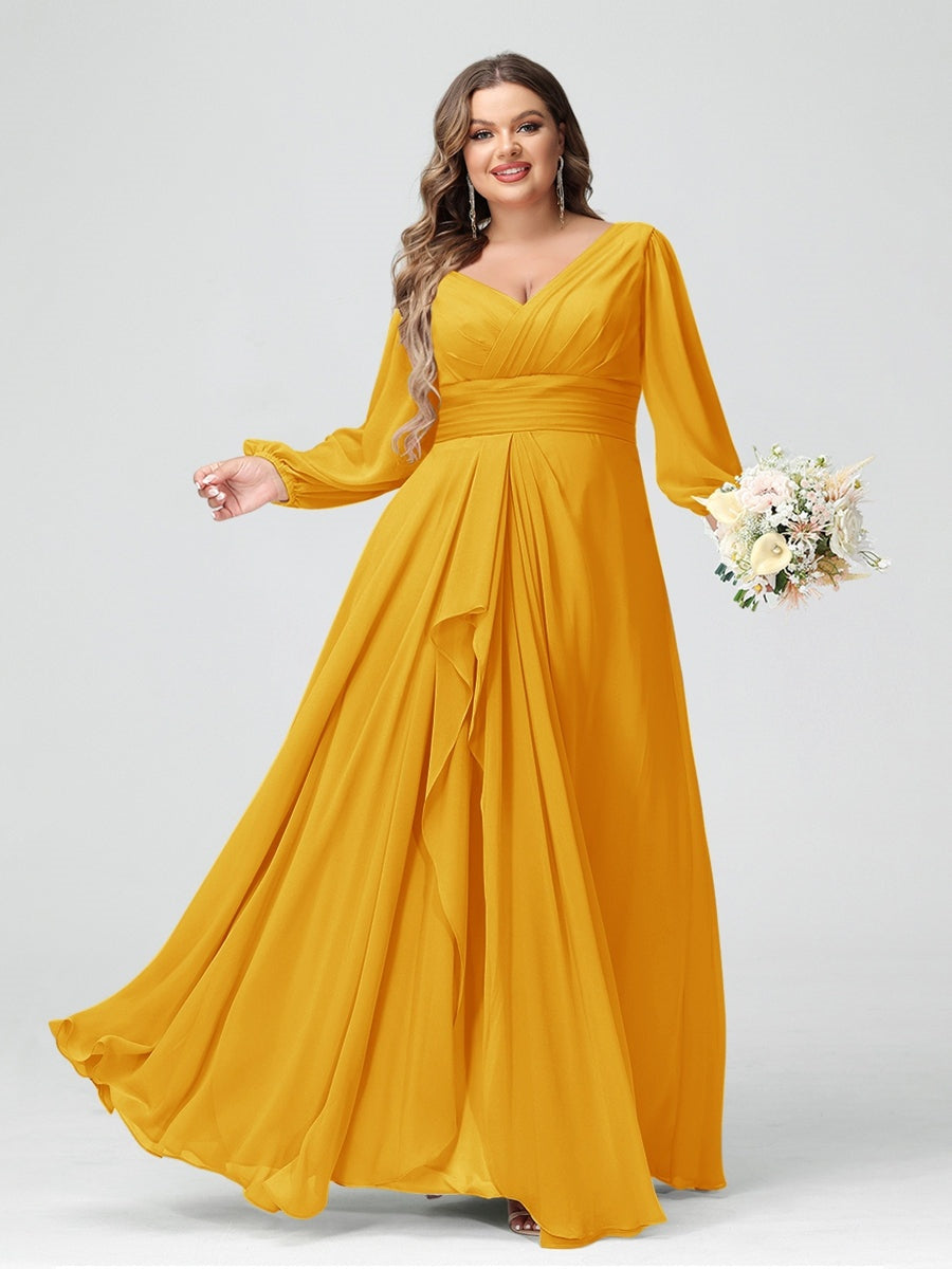 Plus Size Chiffon Bridesmaid Dress with V-Neck, Long Sleeves, and Pockets in A-Line/Princess Style