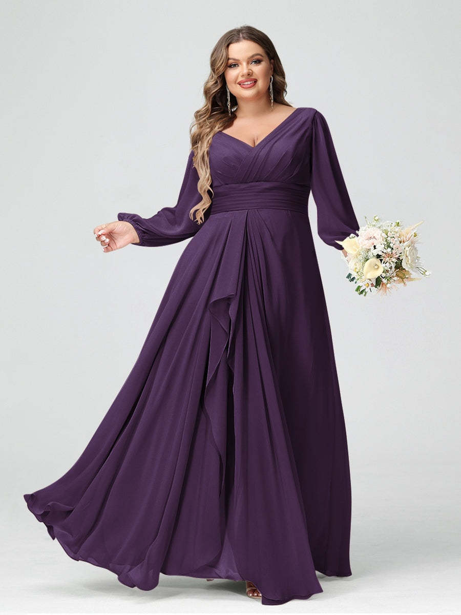 Plus Size Chiffon Bridesmaid Dress with V-Neck, Long Sleeves, and Pockets in A-Line/Princess Style