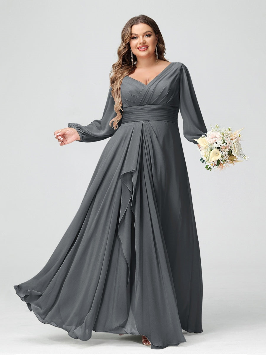 Plus Size Chiffon Bridesmaid Dress with V-Neck, Long Sleeves, and Pockets in A-Line/Princess Style