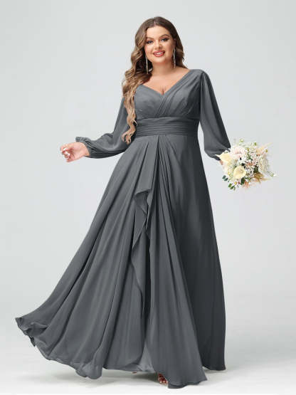 Plus Size Chiffon Bridesmaid Dress with V-Neck, Long Sleeves, and Pockets in A-Line/Princess Style