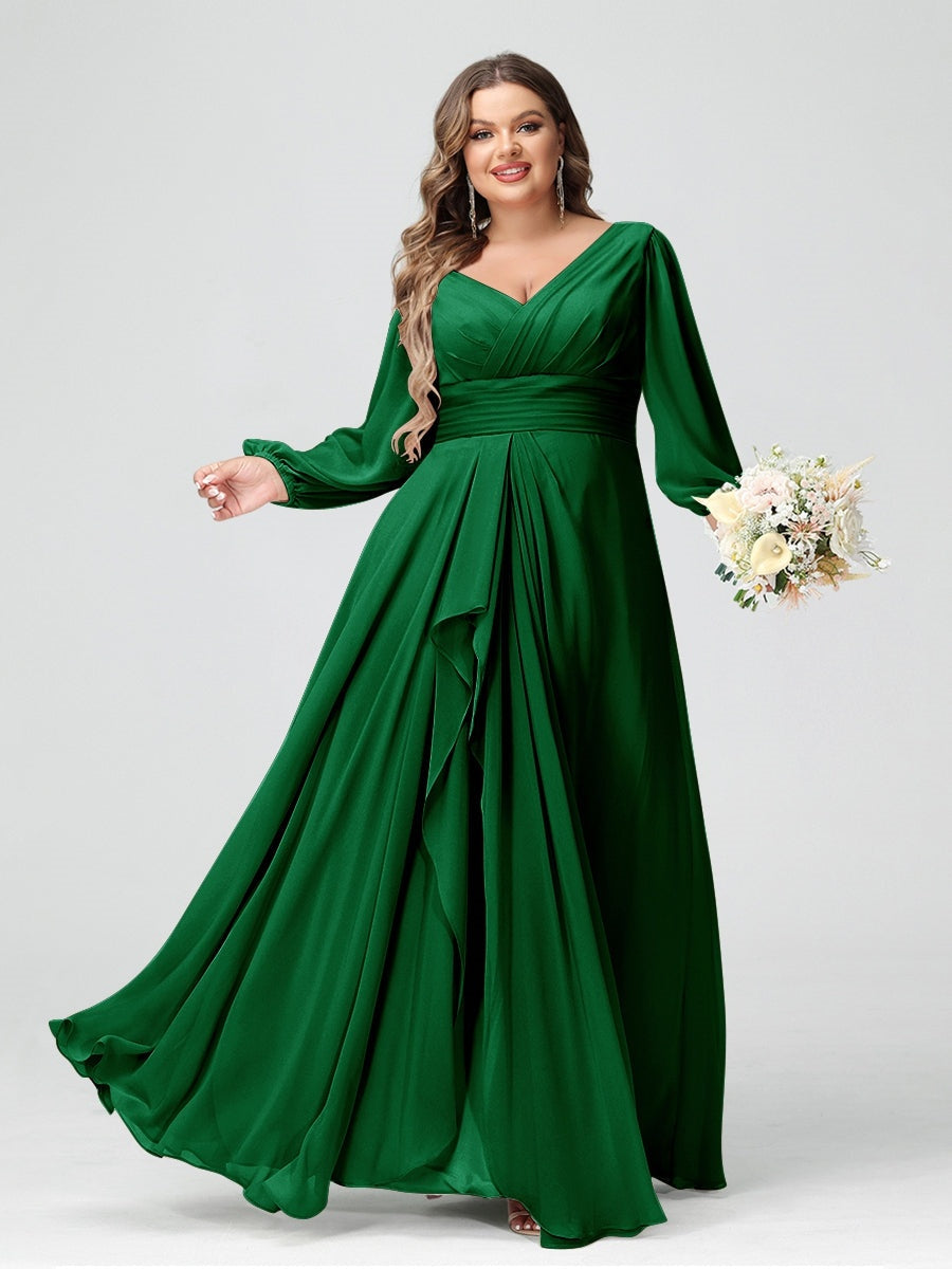 Plus Size Chiffon Bridesmaid Dress with V-Neck, Long Sleeves, and Pockets in A-Line/Princess Style
