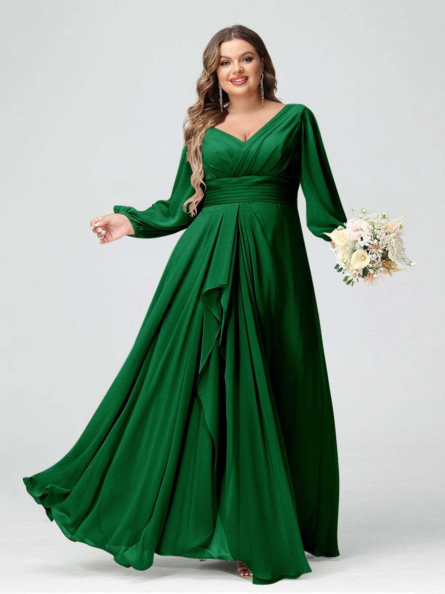 Plus Size Chiffon Bridesmaid Dress with V-Neck, Long Sleeves, and Pockets in A-Line/Princess Style