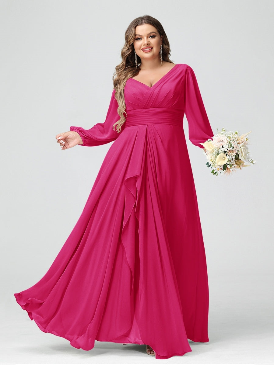 Plus Size Chiffon Bridesmaid Dress with V-Neck, Long Sleeves, and Pockets in A-Line/Princess Style