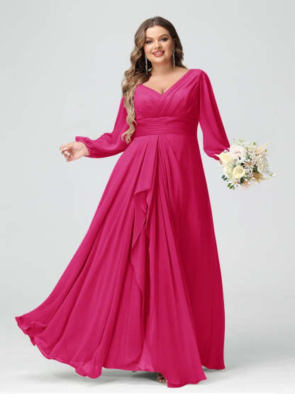 Plus Size Chiffon Bridesmaid Dress with V-Neck, Long Sleeves, and Pockets in A-Line/Princess Style