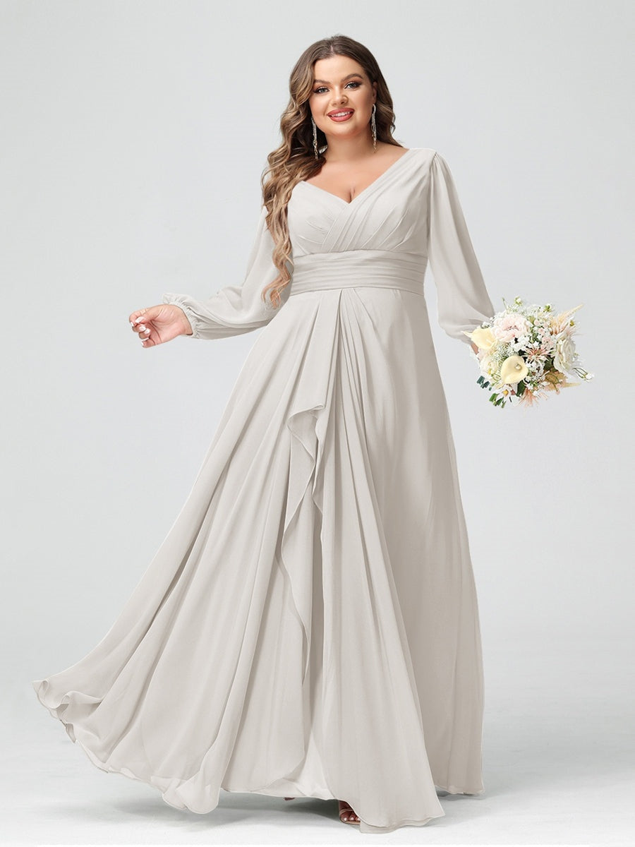 Plus Size Chiffon Bridesmaid Dress with V-Neck, Long Sleeves, and Pockets in A-Line/Princess Style