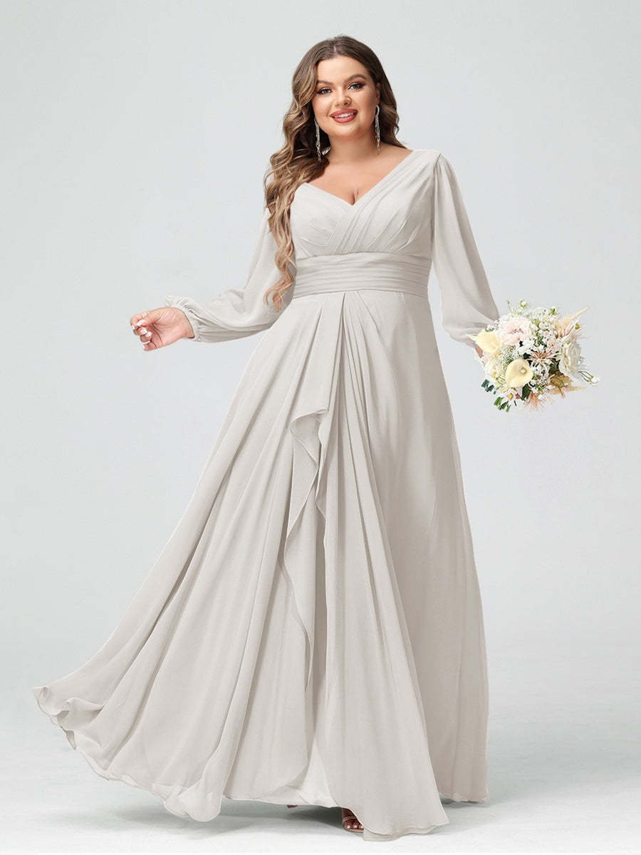 Plus Size Chiffon Bridesmaid Dress with V-Neck, Long Sleeves, and Pockets in A-Line/Princess Style