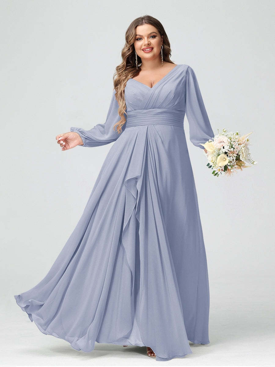 Plus Size Chiffon Bridesmaid Dress with V-Neck, Long Sleeves, and Pockets in A-Line/Princess Style