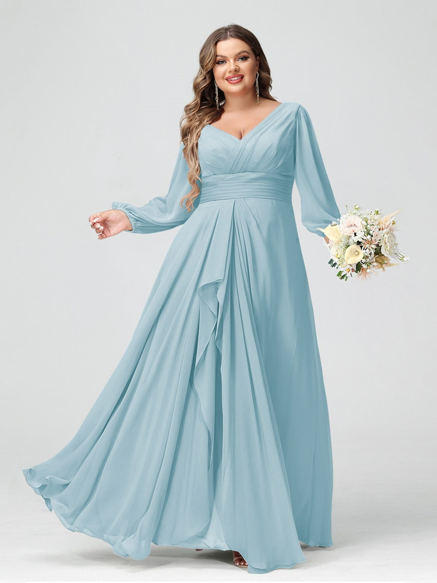 Plus Size Chiffon Bridesmaid Dress with V-Neck, Long Sleeves, and Pockets in A-Line/Princess Style