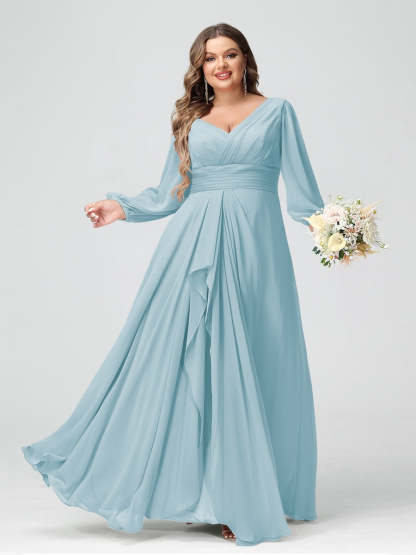 Plus Size Chiffon Bridesmaid Dress with V-Neck, Long Sleeves, and Pockets in A-Line/Princess Style