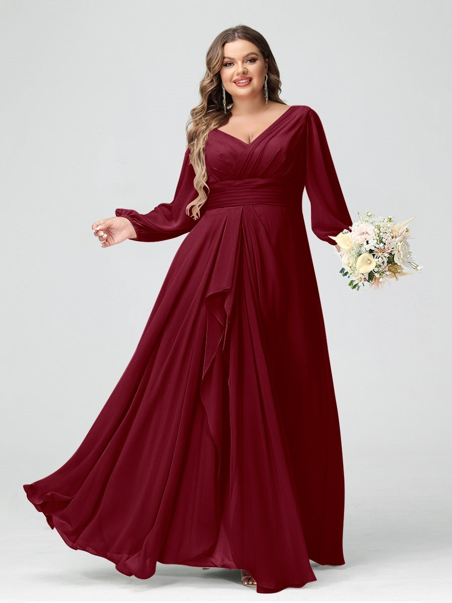 Plus Size Chiffon Bridesmaid Dress with V-Neck, Long Sleeves, and Pockets in A-Line/Princess Style