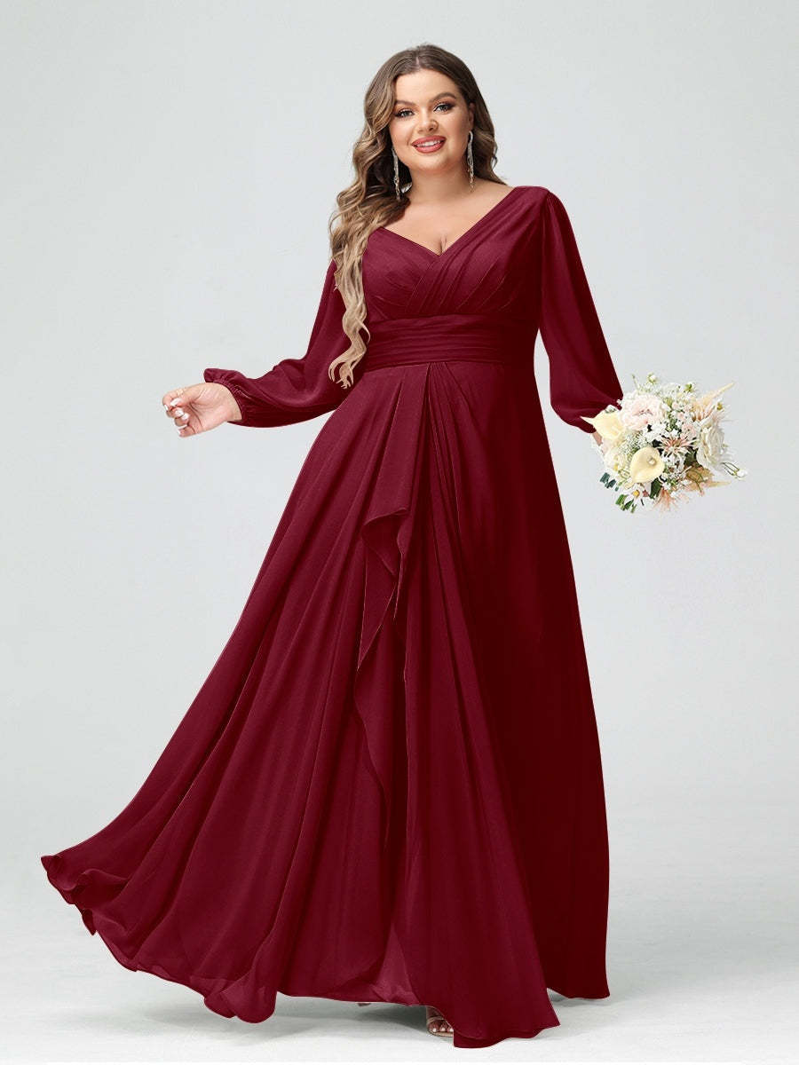 Plus Size Chiffon Bridesmaid Dress with V-Neck, Long Sleeves, and Pockets in A-Line/Princess Style