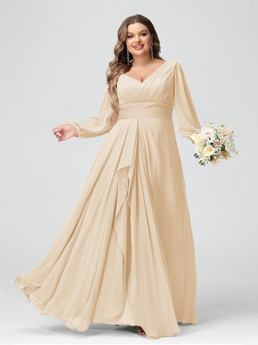 Plus Size Chiffon Bridesmaid Dress with V-Neck, Long Sleeves, and Pockets in A-Line/Princess Style