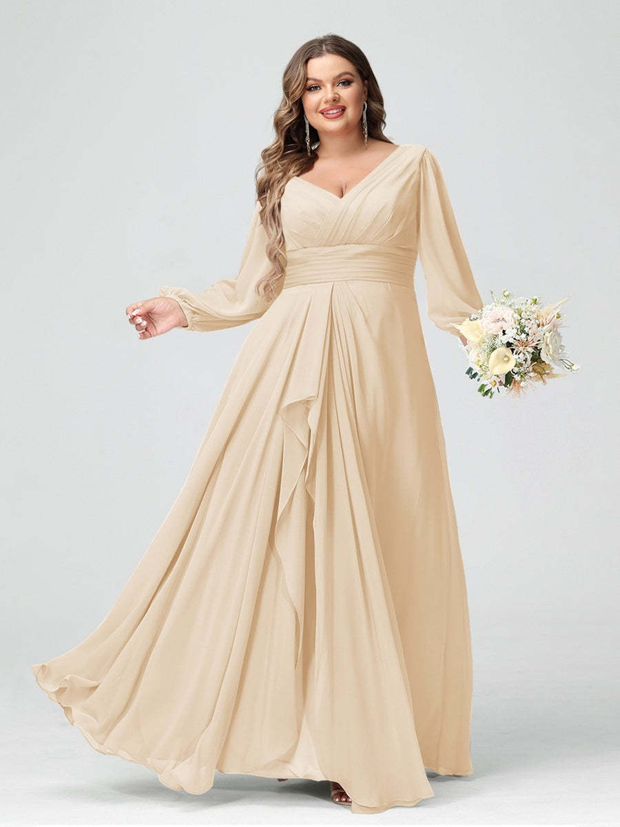 Plus Size Chiffon Bridesmaid Dress with V-Neck, Long Sleeves, and Pockets in A-Line/Princess Style
