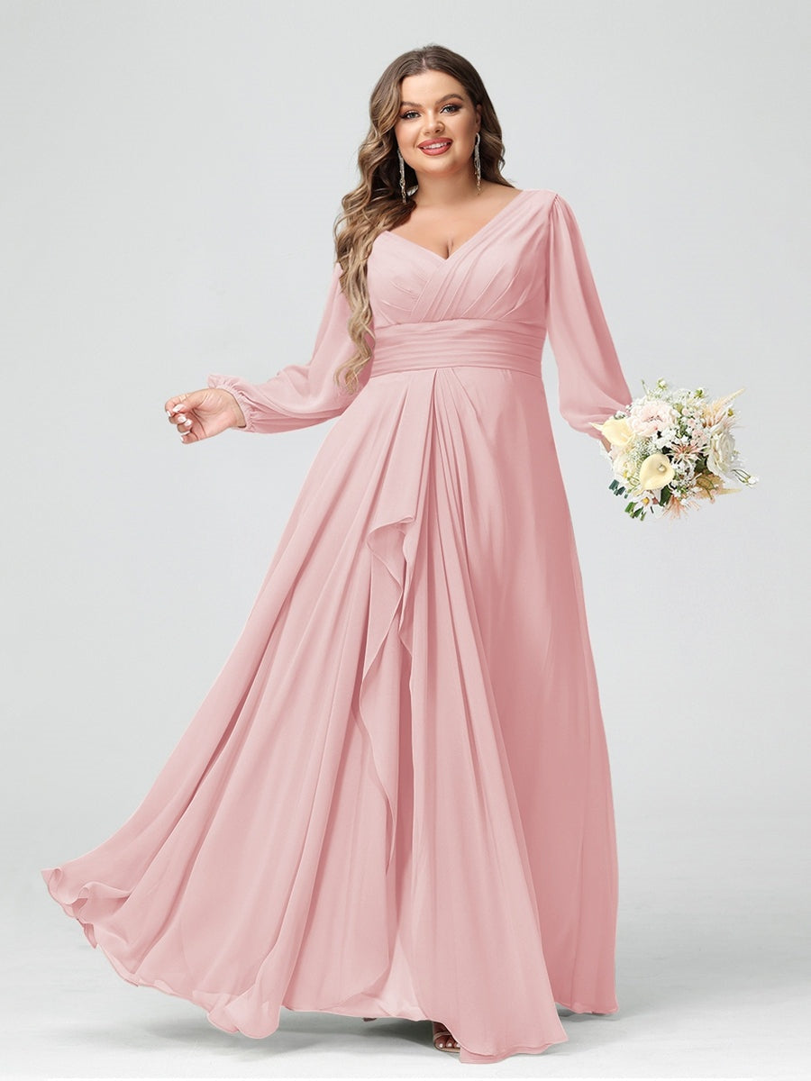 Plus Size Chiffon Bridesmaid Dress with V-Neck, Long Sleeves, and Pockets in A-Line/Princess Style
