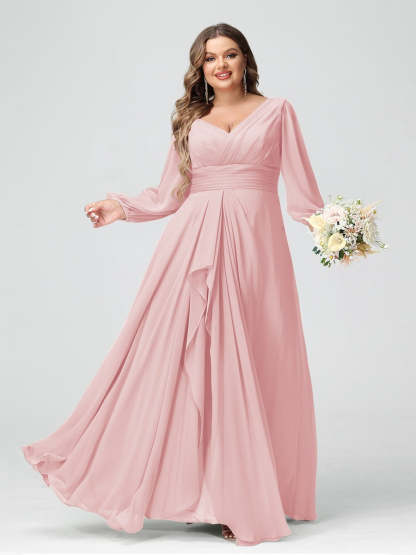 Plus Size Chiffon Bridesmaid Dress with V-Neck, Long Sleeves, and Pockets in A-Line/Princess Style