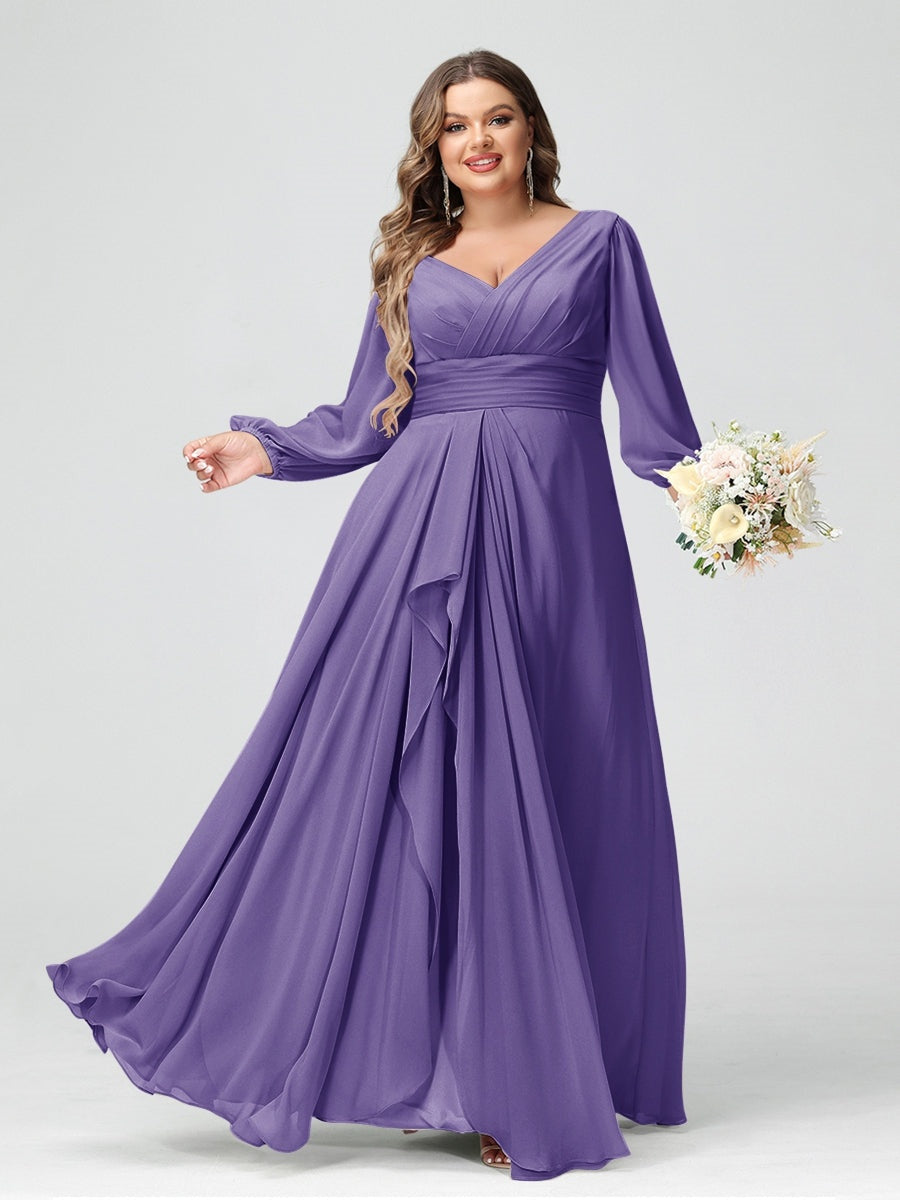 Plus Size Chiffon Bridesmaid Dress with V-Neck, Long Sleeves, and Pockets in A-Line/Princess Style
