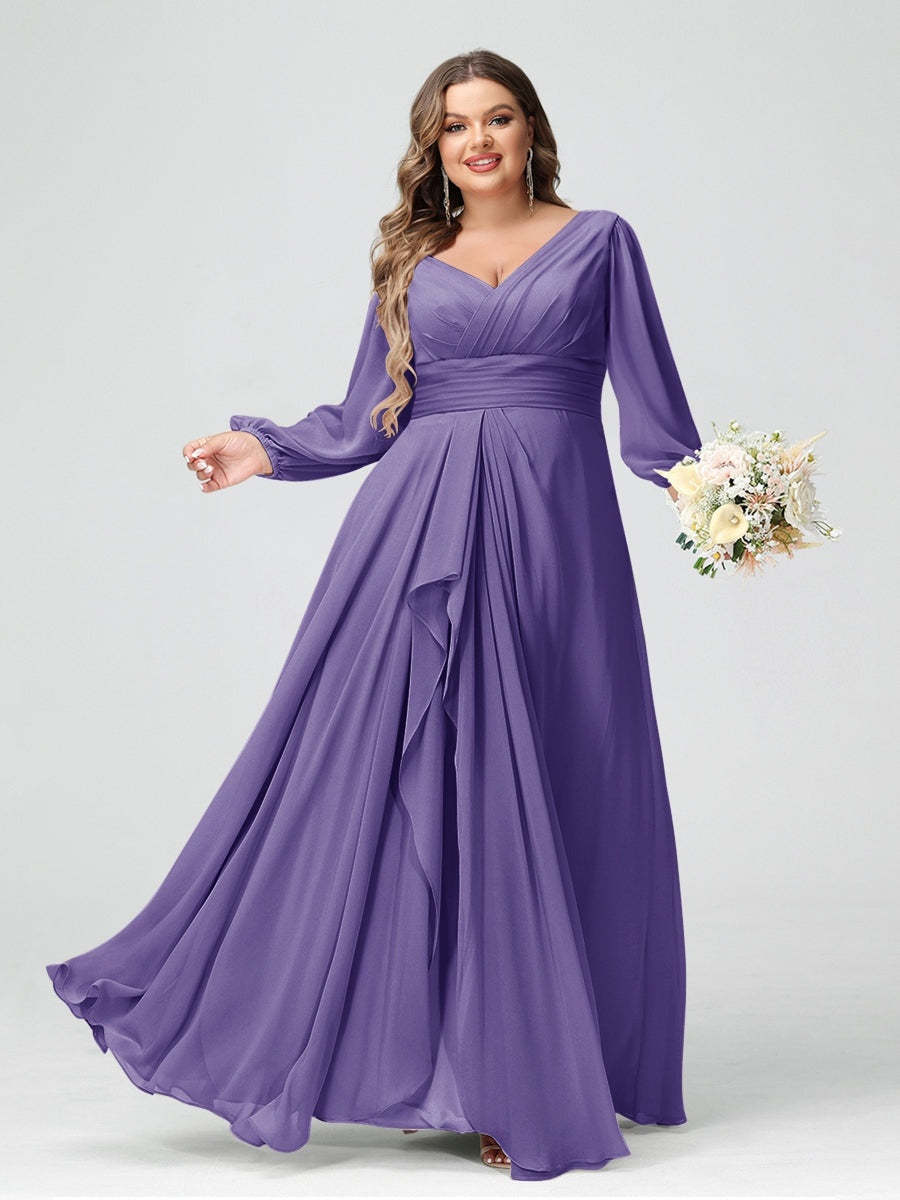 Plus Size Chiffon Bridesmaid Dress with V-Neck, Long Sleeves, and Pockets in A-Line/Princess Style