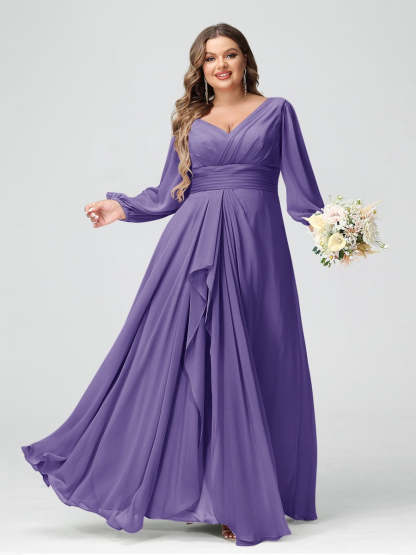 Plus Size Chiffon Bridesmaid Dress with V-Neck, Long Sleeves, and Pockets in A-Line/Princess Style