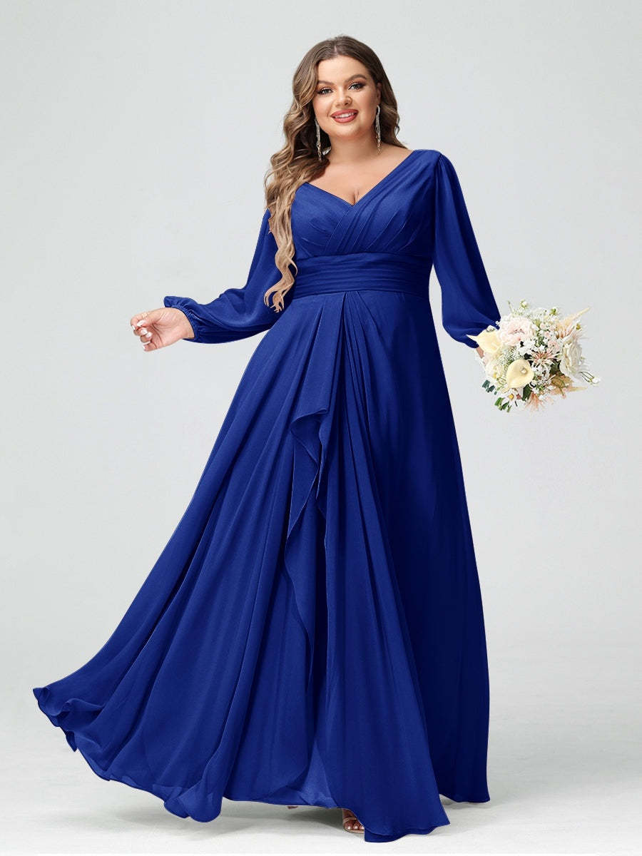 Plus Size Chiffon Bridesmaid Dress with V-Neck, Long Sleeves, and Pockets in A-Line/Princess Style