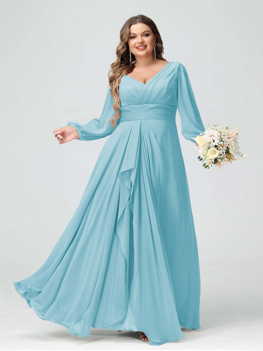 Plus Size Chiffon Bridesmaid Dress with V-Neck, Long Sleeves, and Pockets in A-Line/Princess Style