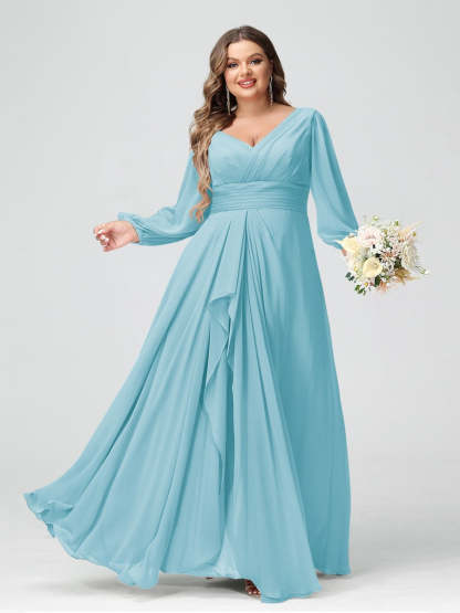 Plus Size Chiffon Bridesmaid Dress with V-Neck, Long Sleeves, and Pockets in A-Line/Princess Style